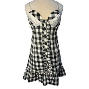 NWOT HERA Dress Large Black White Plaid Button Front Mini Stretch Ruffle